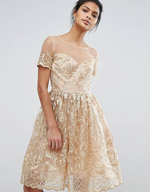 Chi Chi London Premium Lace Midi Prom Dress in Gold
