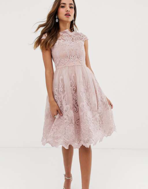 Chi  Chi  London  premium lace midi prom  dress  with bardot   Chi  Chi  London  premium lace midi prom  dress  with bardot