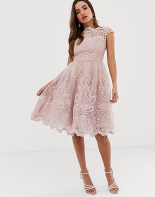 chi chi london premium lace midi prom dress with bardot neck in mink