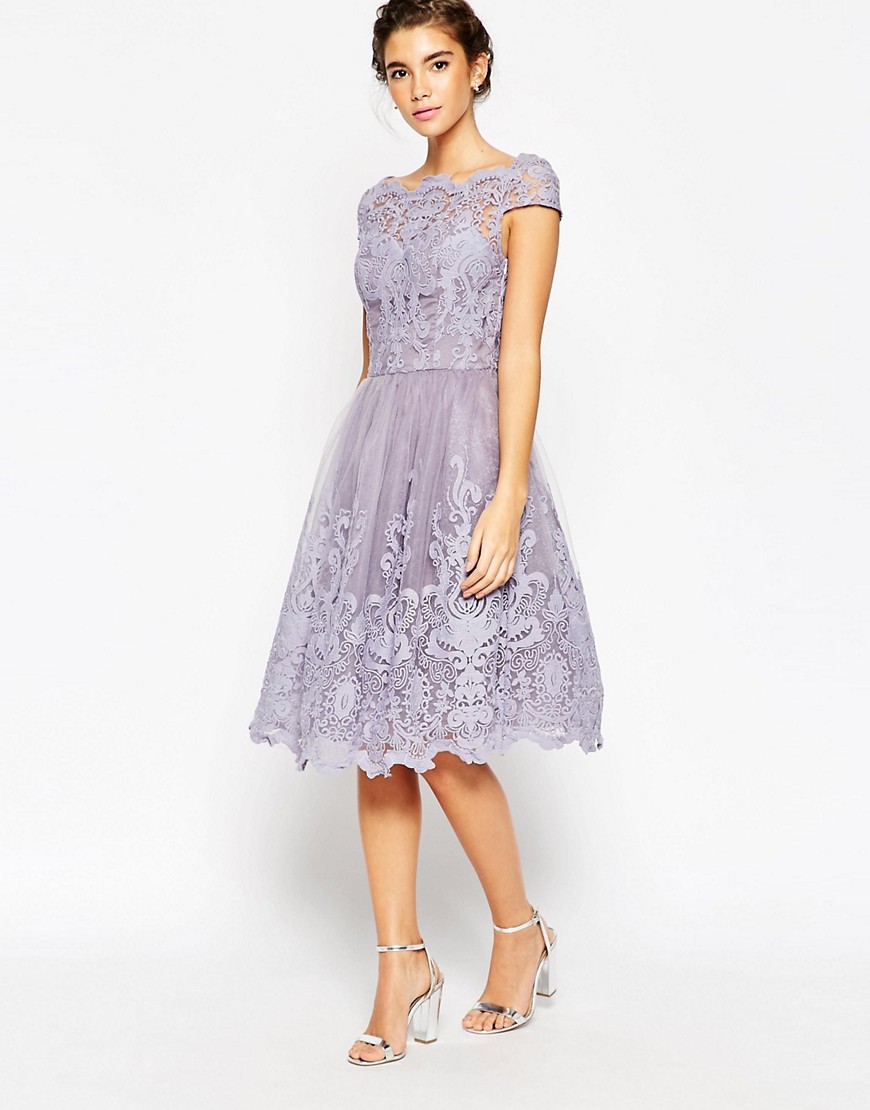 Chi Chi London Premium Lace Midi Prom Dress with Bardot Neck-Purple