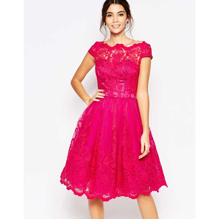 Chi Chi London Premium Lace Midi Prom Dress with Bardot Neck ASOS