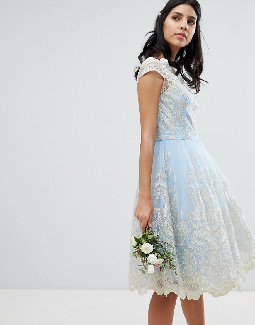 Chi Chi London Premium Lace Midi Prom Dress with Bardot Neck-Blue
