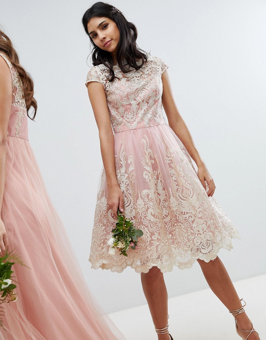 Chi Chi London Premium Lace Midi Prom Dress with Bardot Neck-Pink