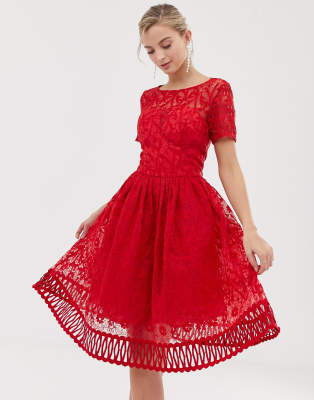 Chi Chi London premium lace prom dress with cutwork hem in red | ASOS