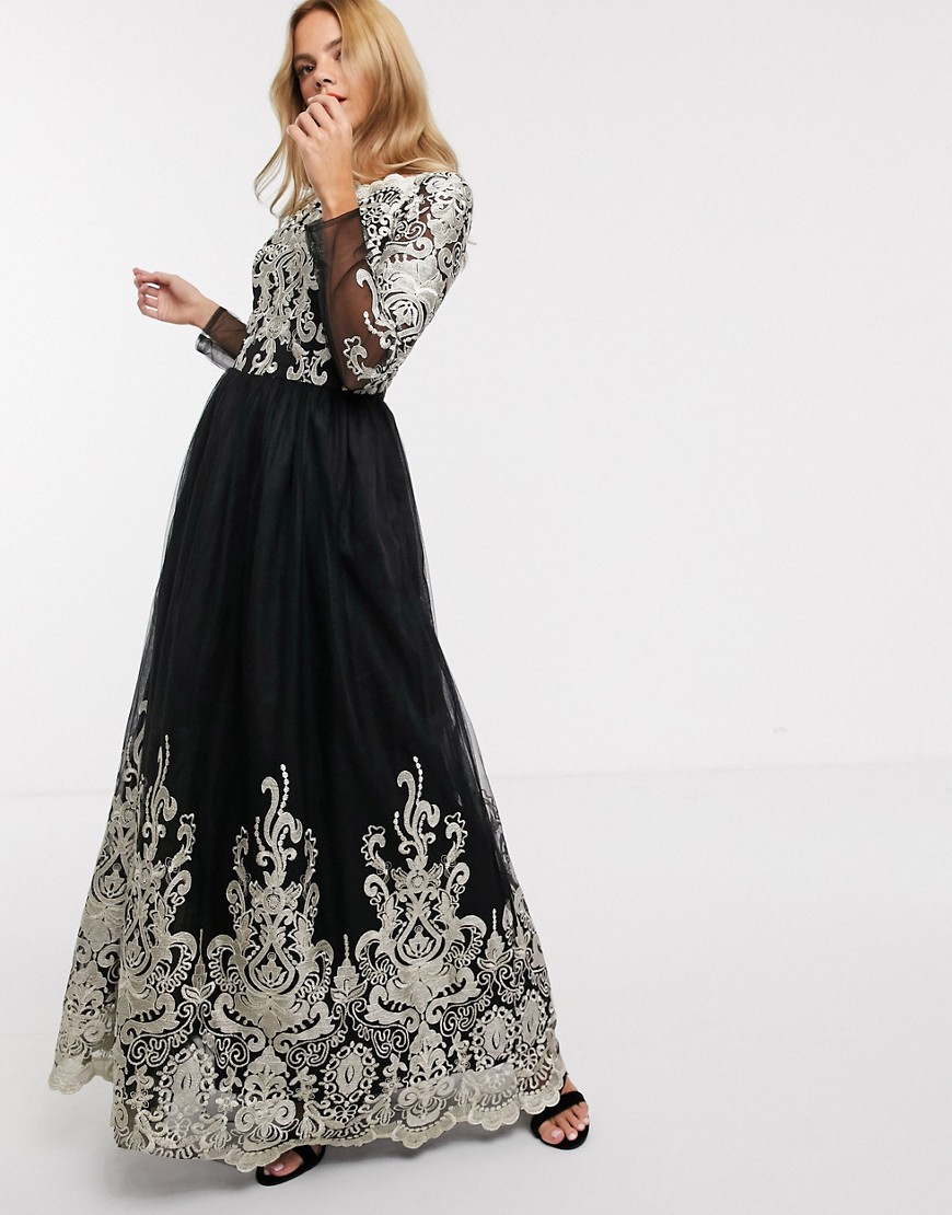 Chi Chi London - Premium lange jurk van kant in zwart met goud
