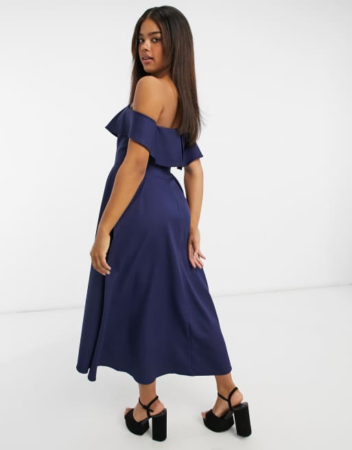 Chi Chi London ruffle bandeau skater dress in navy ASOS
