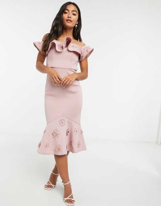 Chi Chi London ruffle bardot midi dress in pink | ASOS