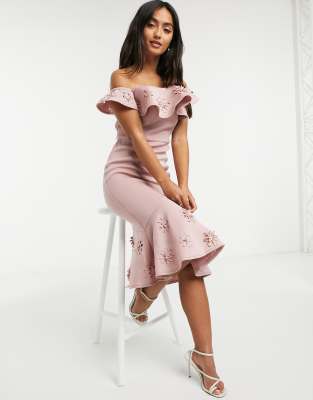 pink ruffle bardot dress