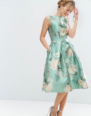 green satin floral dress