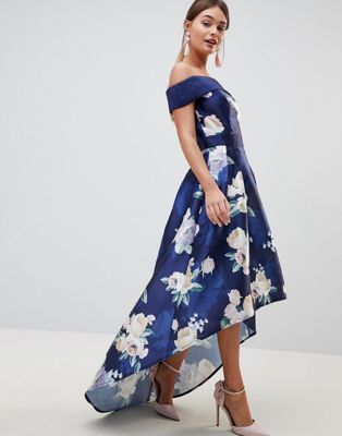chi chi london tall bardot neck prom dress with high low hem in navy floral