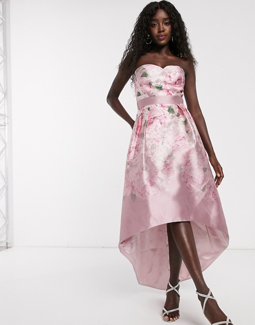 Chi Chi London satin midi dress with extreme high low in ombre rose print