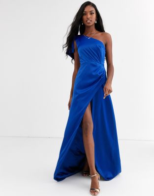 Chi Chi London satin one shoulder statement maxi dress in cobalt-Blue