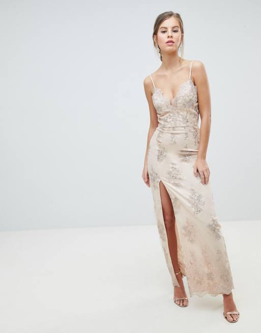 Chi  Chi  London  Scalloped Plunge Maxi Prom  Dress  with Gold   Chi  Chi  London  Scalloped Plunge Maxi Prom  Dress  with Gold