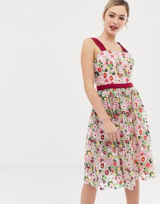 Chi Chi London square neck embroidered midi prom dress in multi