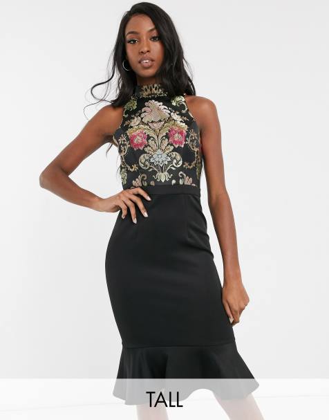 Chi Chi London Tall 2-in-1 jacquard peplum midi dress in multi print