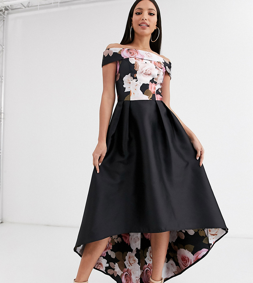 Chi Chi London - Tall - Bardot-jurk met ongelijke zoom en bloemenprint in zwart