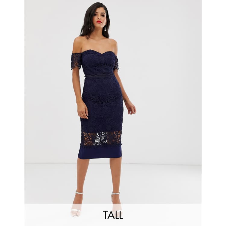 Chi Chi London Tall bardot lace midi dress in navy