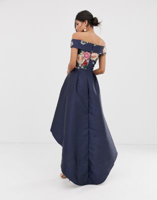 chi chi london tall bardot neck prom dress with high low hem in navy floral