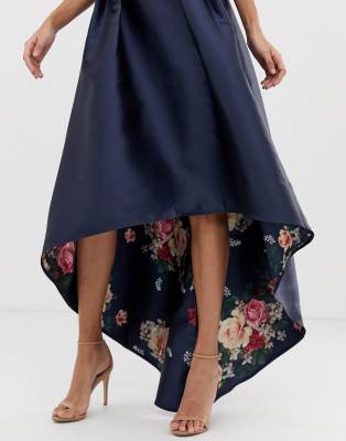 chi chi london tall bardot neck prom dress with high low hem in navy floral