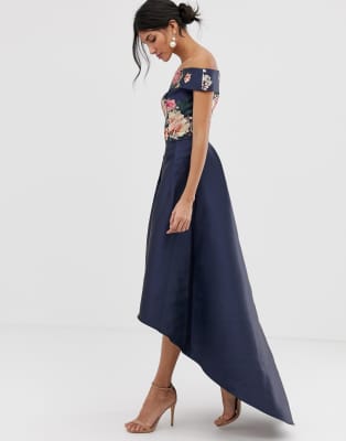 chi chi london tall bardot neck prom dress with high low hem in navy floral