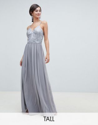 Chi Chi London Tall cami strap embellished maxi dress in gray