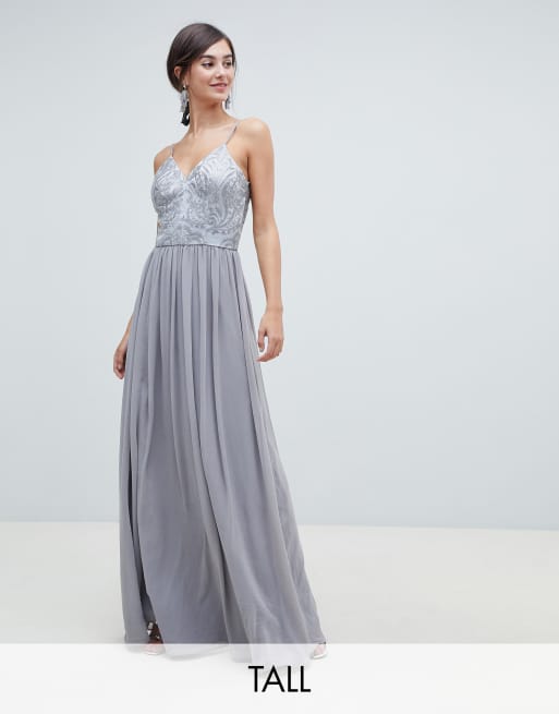 Chi Chi London Tall cami strap embellished maxi dress in grey ASOS