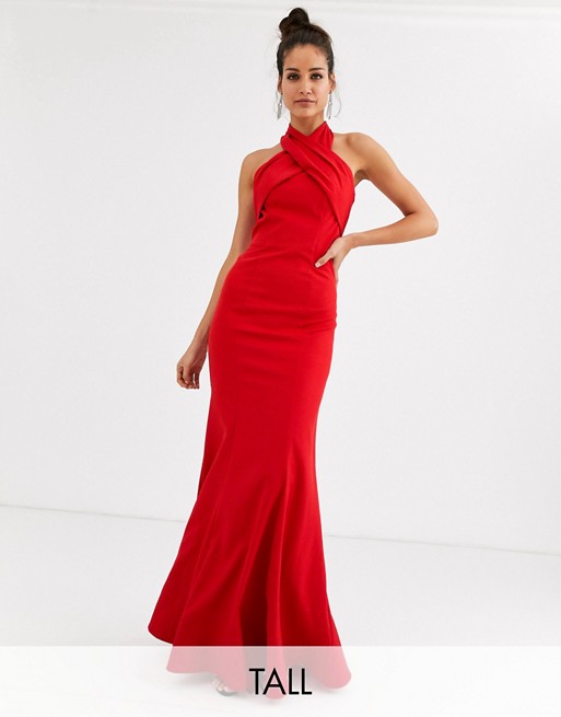 Chi Chi London Tall cross over halter neck maxi dress in red