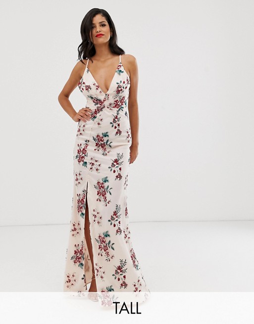 Chi Chi London Tall embroidered maxi dress with split