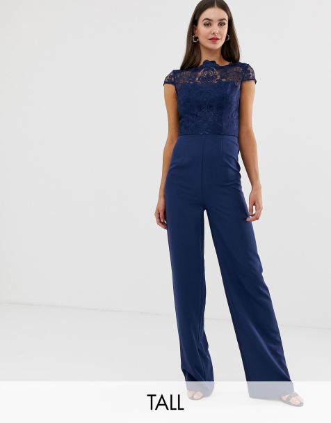 Chi Chi London Tall high neck 2 in 1 lace jumpsuit in navy