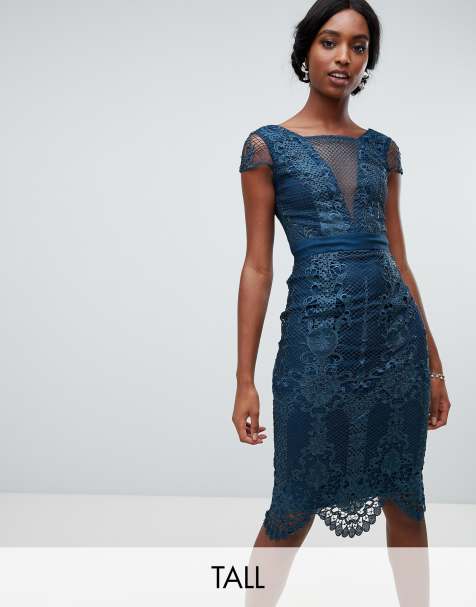 Chi Chi London Tall high neck lace pencil dress in green