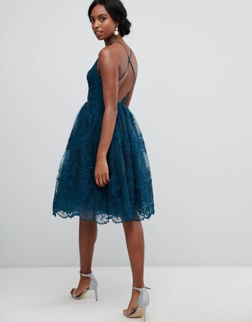 Chi Chi London Tall high neck scalloped lace dress in green | ASOS