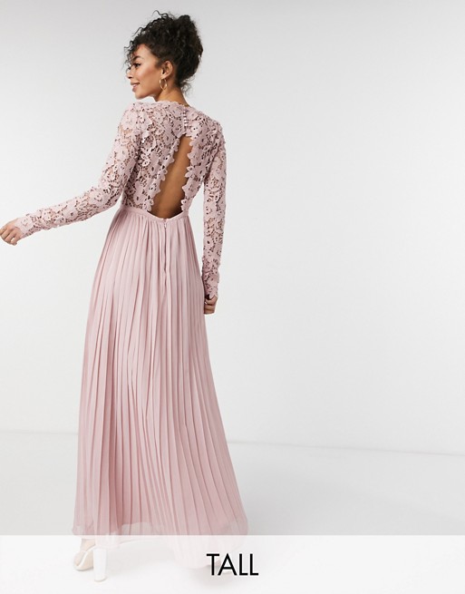 Chi Chi London Tall lace maxi dress with scalloped back in pink