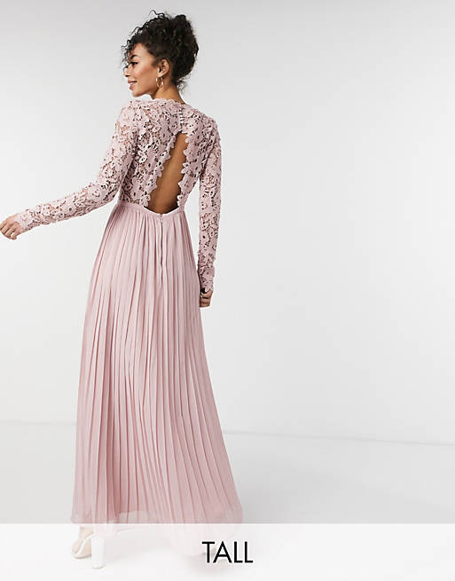 Women Chi Chi London Tall lace maxi dress with scalloped back in pink 