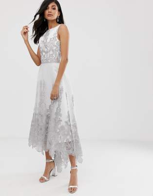 white lace dip hem dress