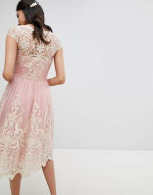 chi chi london premium lace midi prom dress with bardot neck