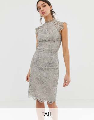 chi chi london lace pencil dress with v neck in black