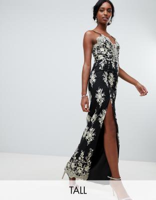 chi chi london scallop plunge maxi prom dress with gold embroidery