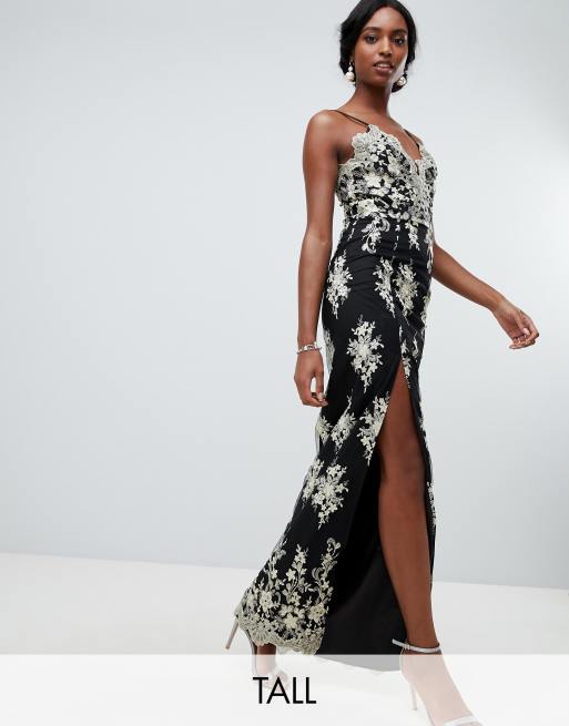 Chi Chi London Tall scalloped plunge maxi prom dress with gold embroidery in black