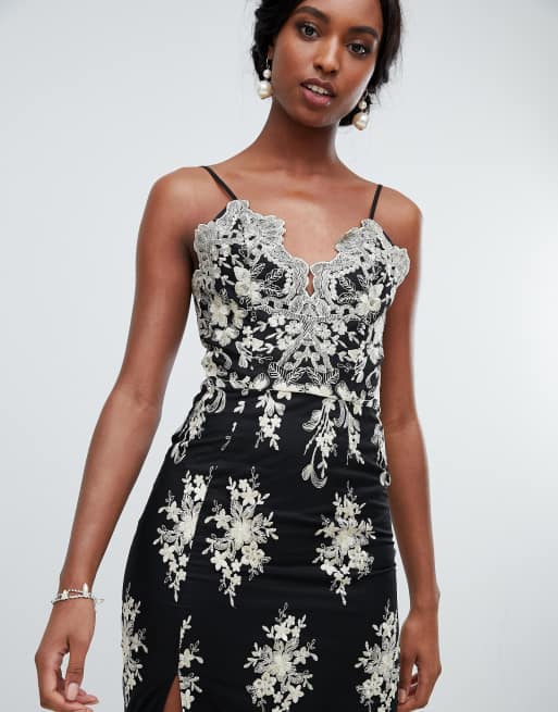 Black prom dress store with gold embroidery