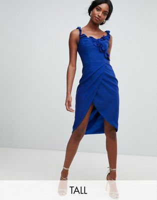 Chi Chi London Tall wrap pencil dress with frill detail in cobalt | ASOS