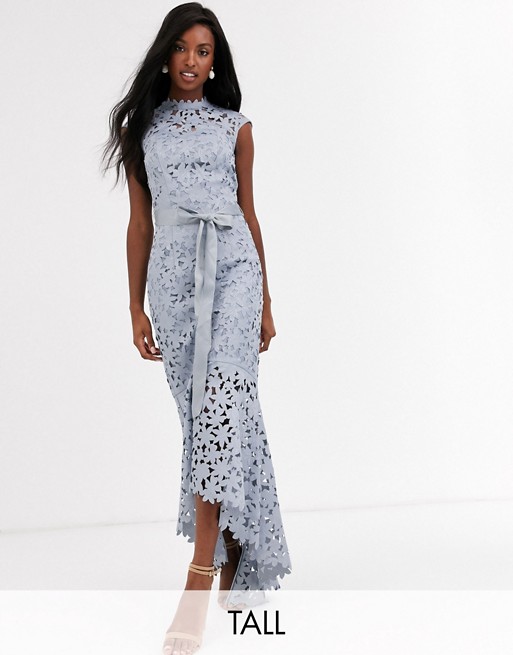 Chi Chi London Tall wrap tie lace maxi dress in grey