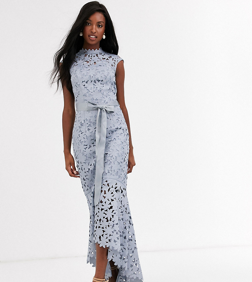 Chi Chi London Tall wrap tie lace maxi dress in grey