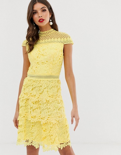 Chi Chi London tiered lace a line mini dress in yellow
