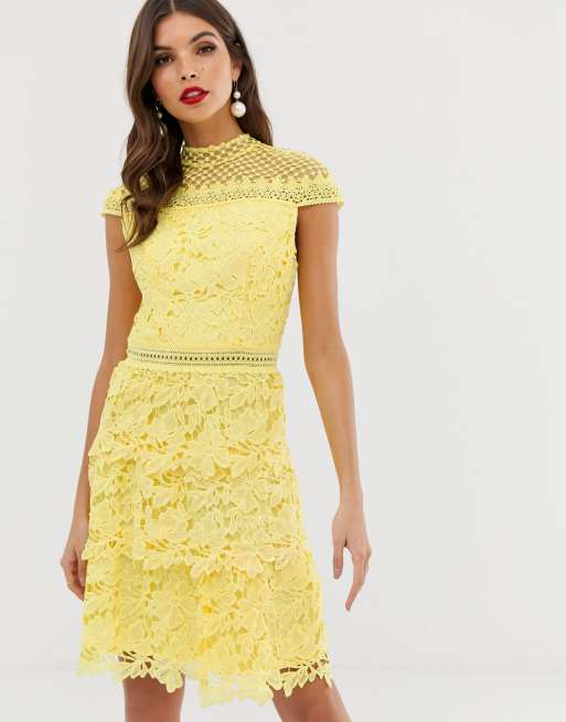 Chi Chi London tiered lace a line mini dress in yellow | ASOS