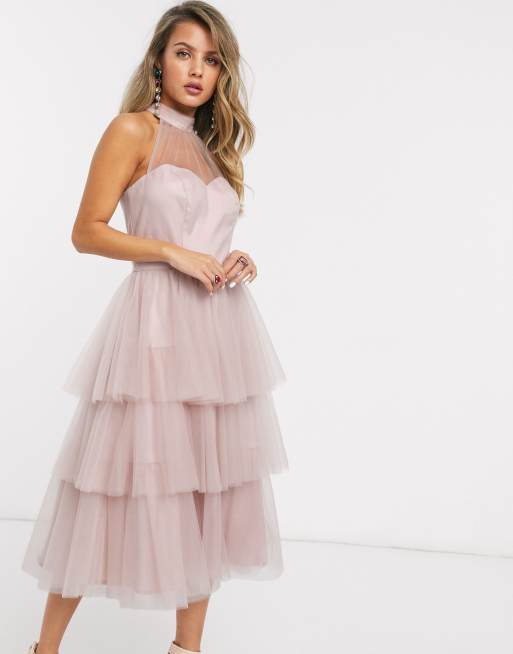 Chi Chi London tiered midi prom dress in blush