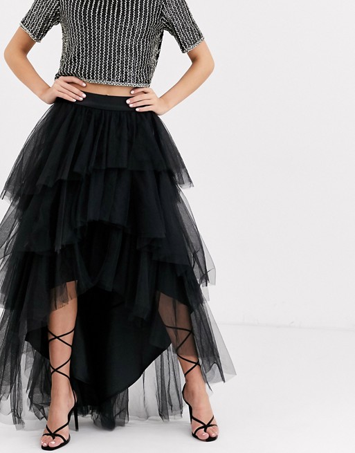 Chi Chi London tiered tulle skirt in black