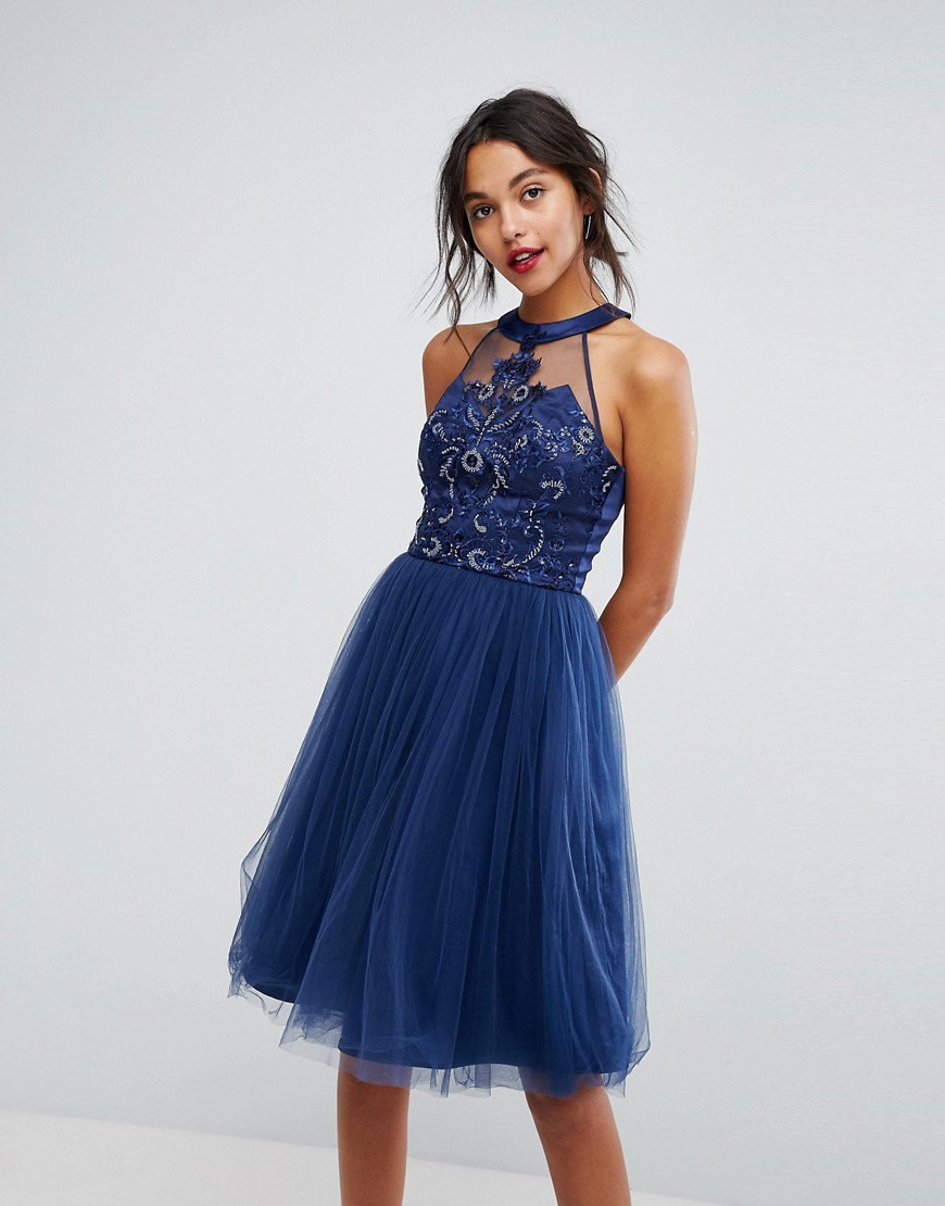 Chi Chi London Tulle Midi Dress With Lace Detail-navy