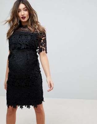 Chi Chi London - Zwangerschapskleding - Hoogsluitende mini-jurk van kant-Zwart