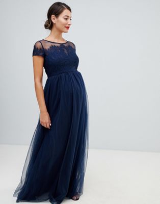 Chi Chi London - Zwangerschapskleding - Lange jurk met kapmouwtjes-Marineblauw