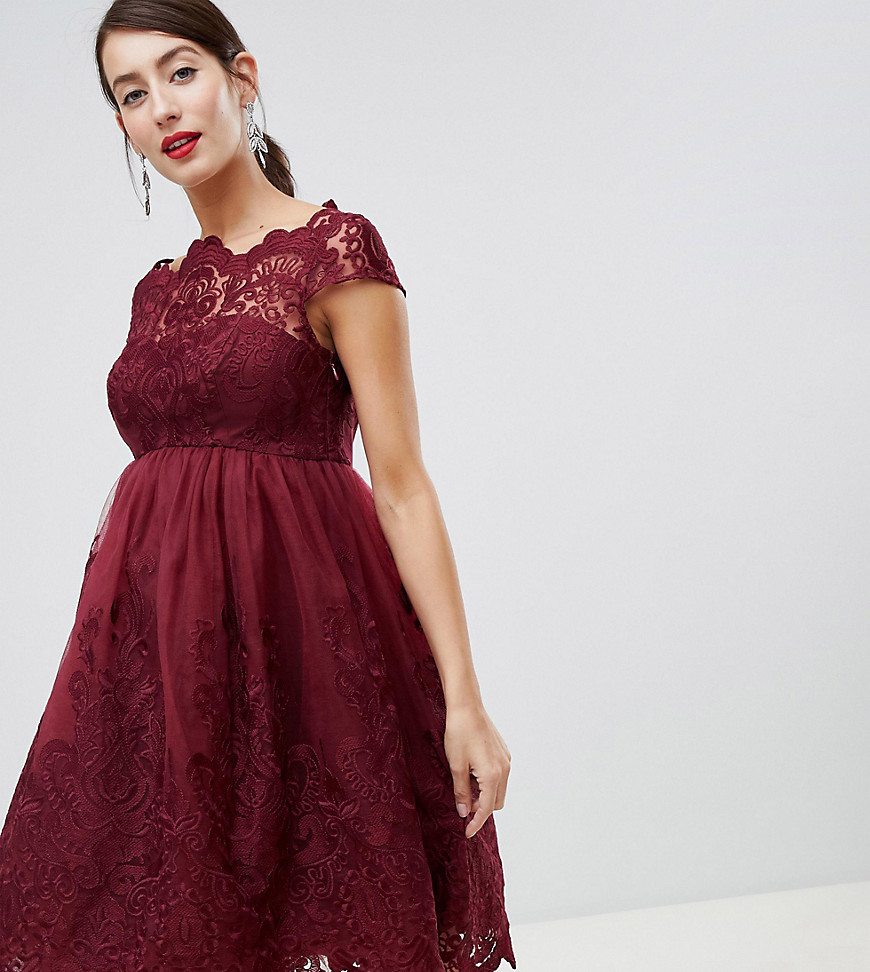 Chi Chi London - Zwangerschapskleding - Midi-jurk met kanten detail-Rood